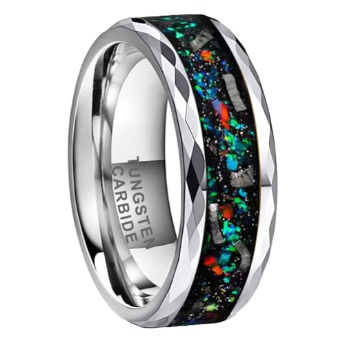 TUTISS 8mm Faceted Tungsten Rings for Men Women Genuine Meteorite Chip Galaxy Opal Inlay Promise Engagement Wedding Bands Polished Shiny Comfort Fit Size 8.5