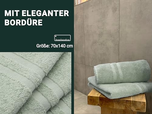 ZOLLNER 5er Set Duschtücher in 70x140 cm - Flauschige Badehandtücher aus Baumwolle - mit moderner Streifenbordüre - bis 60°C waschbar - mit praktischem Aufhänger - in Salbei - Hotelqualität