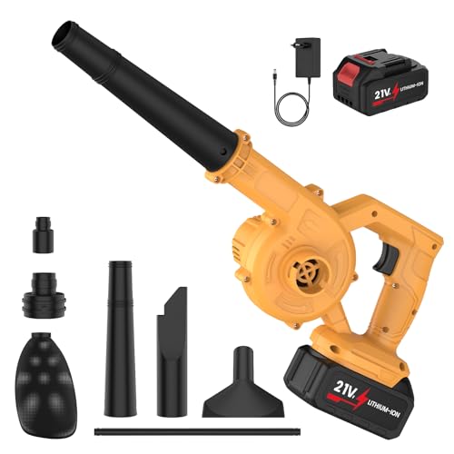 Souffleur Batterie 21V, 600w / 3.3m³/Min / 23,000r/Min, Souffleur à Feuilles Souffleurs De Feuilles sans Fil avec Batterie Et Chargeur, Portable pour Neige, Jardins, Cour, Feuille (Jaune-1 Batterie)