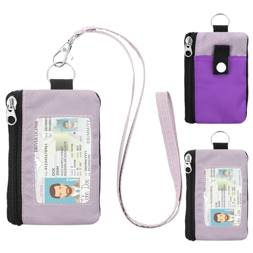 Image of Minimalist RFID Blocking Wallet with Lanyard, Functional ID Case with 2 Zipper Pockets and Key Chain for Men and Women, Tactical Badge Pouch Cards Holder, Coin Purse for Travel Sports-Purple