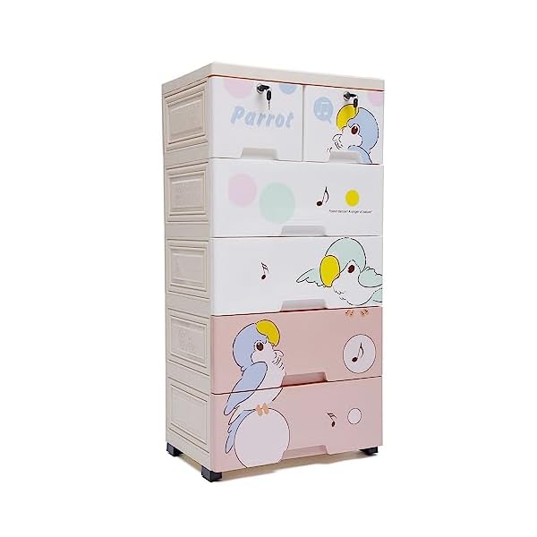 Dresser storage cabinet 5 layers 6 plastic drawer wlock kids dresser wwheel multi color rectangular clothes cabinet drawer for living rooms bedrooms parrot pattern  urban country home decor