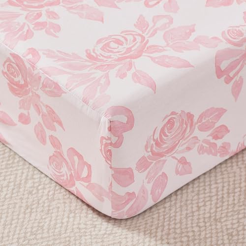 Image of Brandream Baby Crib Sheets for Girls Boys, Super Soft 100% Organic Cotton Baby Sheet French Country Pink Cottagecore Floral Print Fitted Crib Sheet for Standard Crib and Toddler Mattress