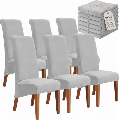 Deisy Dee Velvet Dining Chair Covers, Set of 6 Extra Large Stretch Slipcovers for Parsons High Back Chairs, Removable Washable Chair Protectors, Sliver