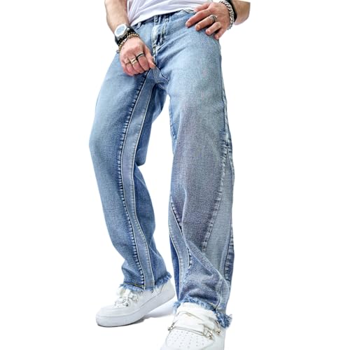 Mens Wide Leg Jeans Baggy Regular Relaxed Fit Straight Leg Jeans Raw Hem Vintage Y2k Loose Fit Denim Pants