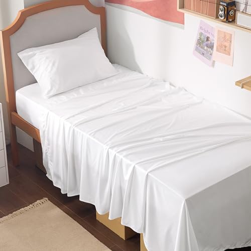 Image of Bedsure Cooling Sheets Twin XL, Rayon Derived from Bamboo, PureWoven, Breathable & Soft Twin XL Sheet Sets, Deep Pocket Up to 16 Inches, Hotel Luxury Silky Dorm Bedding for Hot Sleepers, White