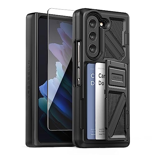 VRS Design Terra Guard Ultimate Go for Samsung Galaxy Z Fold 5 case cover (2023) with Hinge Protection [2 Card Holder compartment] & Front Screen Protector - Matte Black
