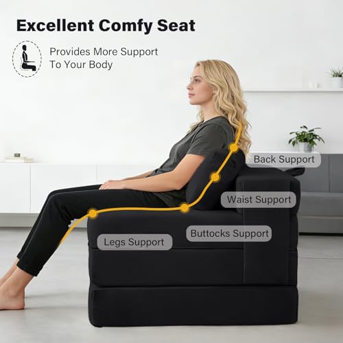 Image of Tiita Folding Sofa Bed Chair, 4-Fold Convertible Sleeper Chair with Lumbar Pillow, Washable Cover & Side Pocket, Floor Couch Bed with Raised Seat, Single Size for Small Spaces, Black