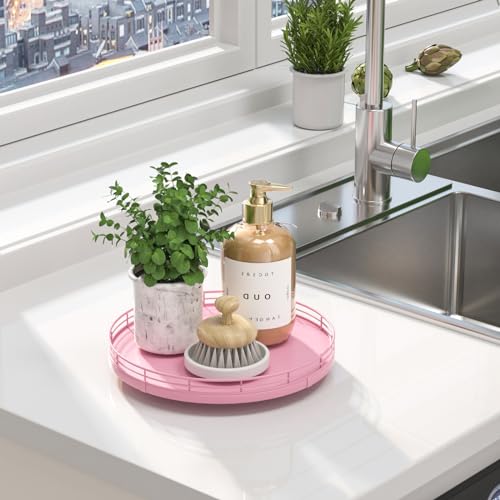 Image of 10 inch Oak Wood Bathroom Tray for Counter, Vanity Tray for Perfume Lotion Candle Makeup Jewelry Sink Soap Holder Turntable Dresser Organizer Countertop Coffee Table Decor Organization and Storage Pink