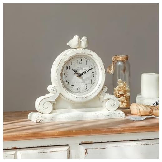 NIKKY HOME Vintage Mantel Table Clock with 2 Birds, Silent Non-Ticking Battery Operated Desk Shelf Rustic Wooden Clock for Living Room Decor - Distressed White