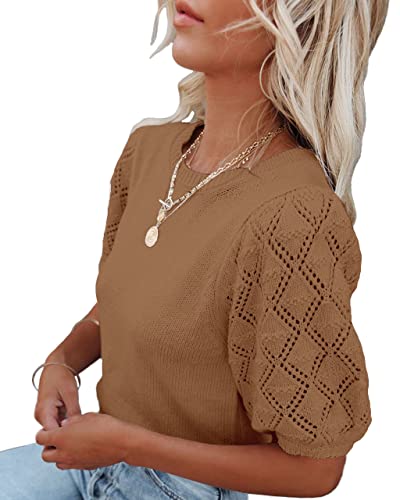 Image of Womens Short Sleeve Sweaters Crewneck Knit Pullover Tops 2025 Summer Casual Lightweight Crochet Blouse Shirt