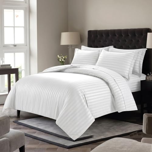 OPULENCE Hotel Duvet Cover Stripe King 6 Pcs Set - 1Pc Duvet Cover 220x240cm (Without Duvet/Filling), 1Pc Fitted Bed Sheet 200x200+30cm - 4 Pillow Cases 48x74+5cm – Hotel Quilt Cover Set (White)