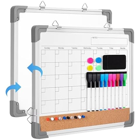 VUSIGN Monthly Calendar White Board Dry Erase Cork Board Combination for Wall, 17''x13'' Double-Sided Magnetic Dry Erase Board, Portable Calendar Bulletin Board for Office, Kitchen, School, Home Cover