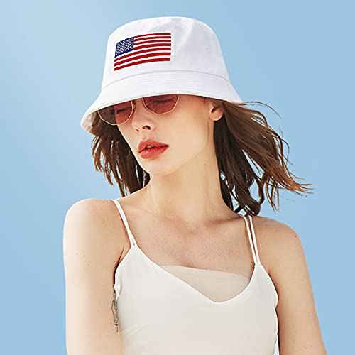 XYIYI American Flag White Embroidery Bucket Hat Cotton Beach Fisherman Hats for Women Girls - Thumbnail 2