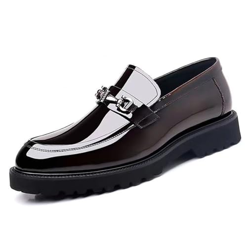 Men's Comfort Platform Chunky Slip-On Loafers, Fashion Metal Chain Shiny Patent Leather Business Casual Dress Shoes, Non-Slip Toe Lug Sole Driving Loafers