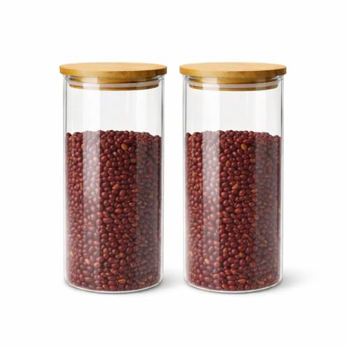 Kit 2 Potes Herméticos 1 Litro de Vidro Borossilicato com Tampa de Bambu, Transparente, com Vedação de Silicone