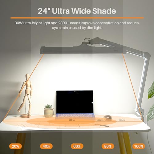Image of 24-Inch LED Architect Desk Lamp with Clamp, 30W 2300LM, White | 180 SMD LEDs with reinforced dual metal arms deliver eye-caring lighting and 5 brightness levels for drafting and reading