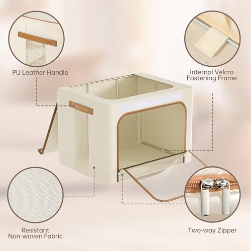 Yecaye Clothes Storage Bins with Metal Frame, Foldable Clothing Storage Bin with Lid, Stackable Oxford Fabric Organizer Box With Clear Window & Zippers & PU Leather Handles (3 Pack,Beige,40L) by Yecaye - Image 4