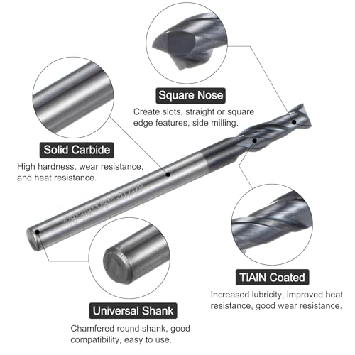 Image of uxcell Carbide Square End Mill, 1 /8 inch Diameter TiAlN Coated 2 Flutes Milling Bit Cutter, for Hardened Steel Stainless Steel Alloy Metal, 1 /8 inch Shank 3 /8 inch Cut Length 1-1 /2 inch Long HRC50