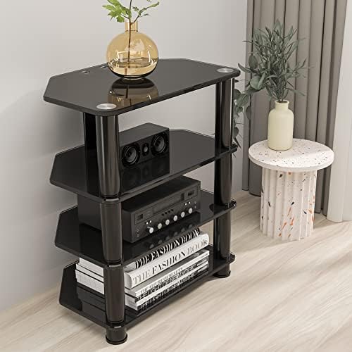 RFIVER 4-Tiers Glass TV Stand Corner TV Stand for most 32-70 inch Flat Curved TV Swivel Height Adjustable TV Mount Bracket with Tempered Glass Media Storage Shelves Black