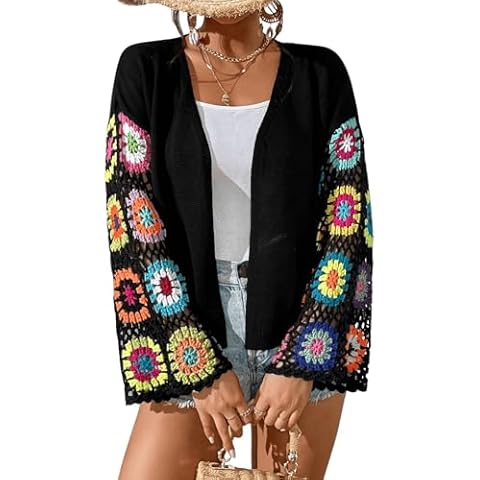 COZYEASE Women's Floral Crochet Long Sleeve Drop Shoulder Open Front Cardigan Sweater Black L Cover