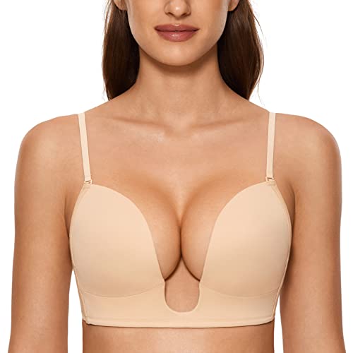 DOBREVA Women's Plunge Bra Deep U Push Up Cleavage T Shirt Padded Bras Low Cut No Underwire Beige 34DD