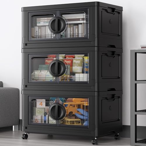 Image of BROVIEW 360Qt Lockable Stackable Storage Bins with Lids, Closet Organizers and Storage Drawer, Collapsible Storage Bin with Wheels, Plastic Cabinet for Toy Clothes Dorm Organizer, V9 3 Pack Black