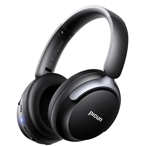 Picun NC60 Hybrid Active Noise Cancelling Headphones, Foldable Wireless Over Ear Bluetooth 5.4 Headphones, 80H Playtime, Transparency Mode, Stereo Bass, Custom EQ via App for Travel Home Black