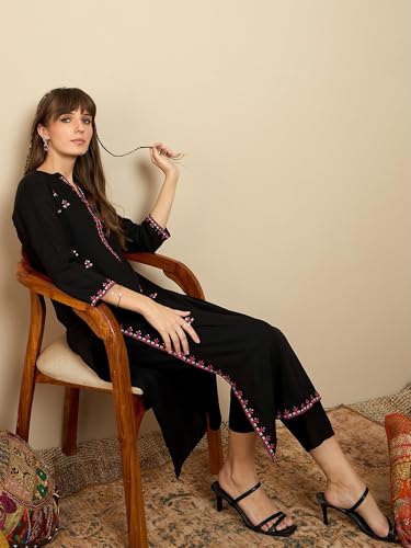 Image of INDO ERA Women's Cotton Straight Fit Floral Embroidered Kurta (KT0GN9776)