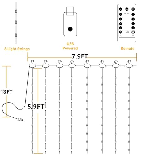 Yeoleh String Lights Curtain,7.9 X 5.9Ft 144Leds Usb Powered Fairy Lights For Bedroom Wall Decor,8 Modes & Ip64 Waterproof Ideal For Outdoor Indoor Home Garden Party Holiday Halloween Room,Warm White thumb #1