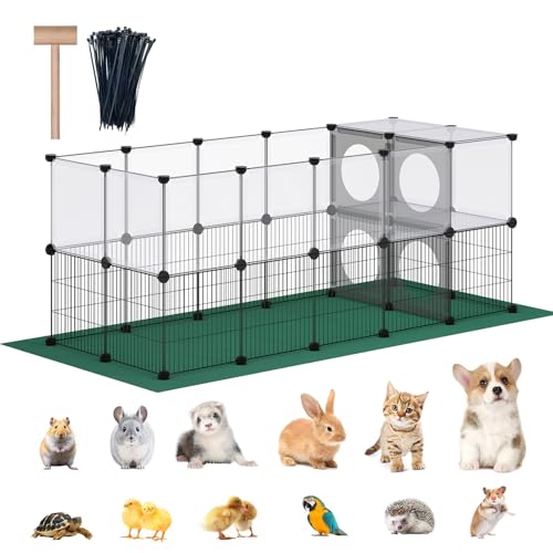 DINMO Small Animal Playpen with Oxford Mat, 24 inches Height, Pet Exercise Fence, Home Protector, Iron Mesh and Plastic Combination, Visualization, DIY, Games Hole Series, 60.2 x 24.8 x 24.8inch