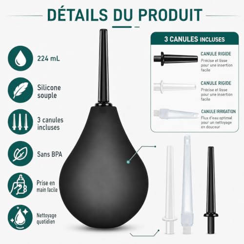 Poire à lavement intime - Poire de lavement intime anus douche 224Ml En Silicone de haute qualité,3 Canules Incluses Nettoyage Anus et Vagin, poire lavement Anal et Vaginale Sans BPA (Noir) – vue 2