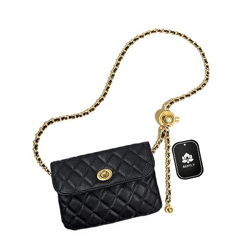 BEMYLV Leather Chain Belt Bag for Women Black Crossbody Phone Purse Adjustable Fanny Pack Fashion Waist Purse Evening Clutch Detachable Mini Handbag