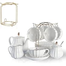 Porcelain Tea Sets British Royal Series, 8 OZ Cups& Saucer Service for 6, with Teapot Sugar Bowl Cream Pitcher Teaspoons and tea strainer and Display Stand for Tea/Coffee White