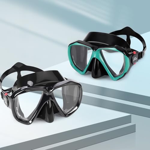 Snorkel Diving Mask Panoramic HD Swim Mask, Anti-Fog Scuba Diving Goggles,Tempered Glass Dive Mask Adult Youth Swim Goggles with Nose Cover for Diving, Snorkeling, Swimming (Black+Aqua 2 Pack)