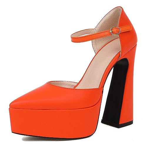 Sandales orange Lizoleor à talon carré haut et plateforme pointu pour femme