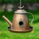 Hanging Metal Teapot Birdhouse/Feeder Decor (Chubby Tea Kettle Shape, Copper Color)