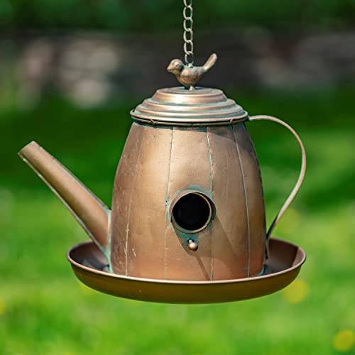Hanging Metal Teapot Birdhouse/Feeder Decor (Chubby Tea Kettle Shape, Copper Color) #TOP25