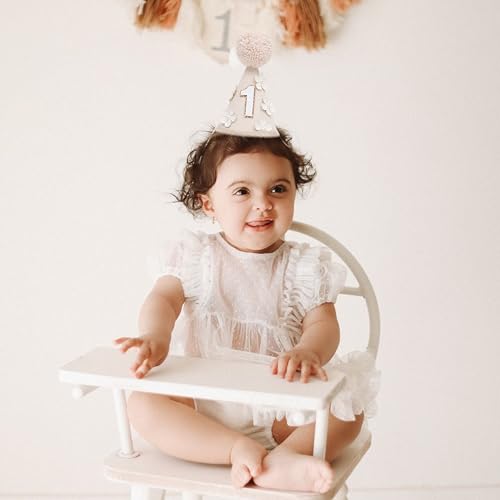 Jissoo Beige 1st Birthday Hat - Flower One Birthday Decorations,Apricot Rustic Cone Hat with Flowers,Little Princess First Smash Cake Decoration,Sweet Daisy Floral Party Photo Props (1) by Jissoo - Used condition - Image 3