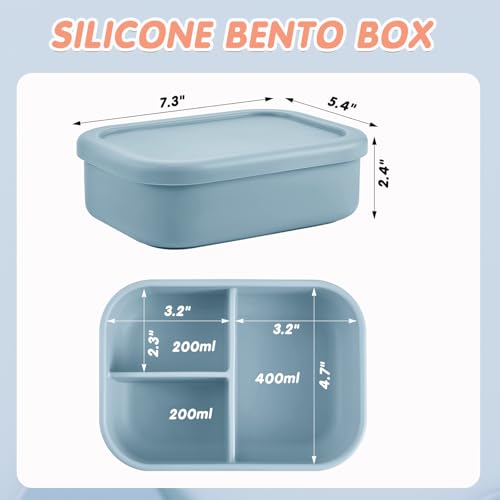 Image of Layhit 1 Pcs Silicone Bento Box for Adults, 27 oz Bento Lunch Container Reusable Food Container for Women Men, Leak Proof Microwave Dishwasher Freezer Safe (3 Compartments,Gray Blue)