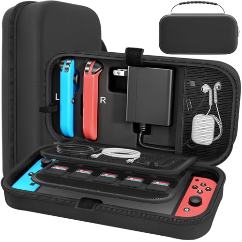 Fenolical Switch Carrying Case Compatible with Nintendo Switch/OLED, - Fit Joy-Con and AC Adapter, Portable Hard Shell Pouch Carrying Travel Game Bag for Accessories Holds 20 Game Cartridge, Black