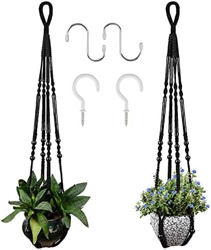 Macrame Plant Hanger for 5 to 10 Inch Plant Pots, Set of 2 Indoor Handmade 35 Inch Woven Rope Hanger Kits with Hooks and Wood Beads, Hanging Planter Basket Holder for Boho Home Decor (Black, 2 Pack)