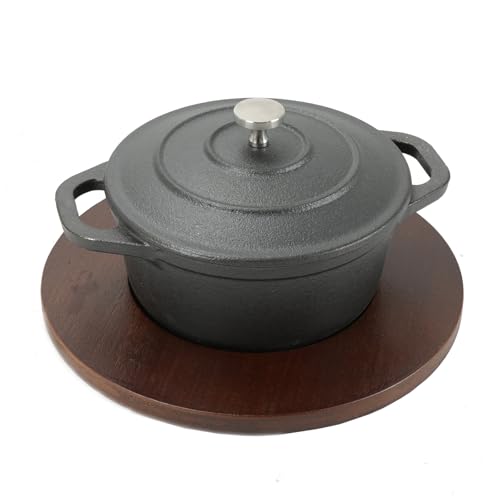 HAWOK Cast Iron Mini Round Cocotte, Dia.4.8 inch, 0.5 QT Mini Dutch Oven with Lid and wooden Underliner, Pre-seasoned