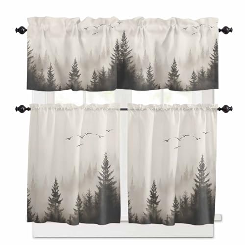 Gray Mist Forest Kitchen Curtains 24 Inch Length,3 Piece Rod Pocket Small Half Tiers and Valance Set,Vintage Trees Birds Natural Landscape Small Large Window Treatment Decor for Bedroom/Bathroom Sink