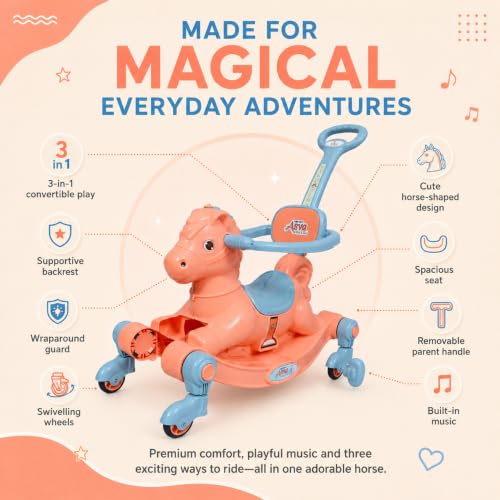 Image of 3 in 1 Baby Horse Rider for Kids 1-5 Years with Parent Handle, Rocking Horse, Ride On Toy, 360 Safety Guard, Music, Swivel Wheels, Backrest, Baby Ride On for Boys & Girls (Orange)