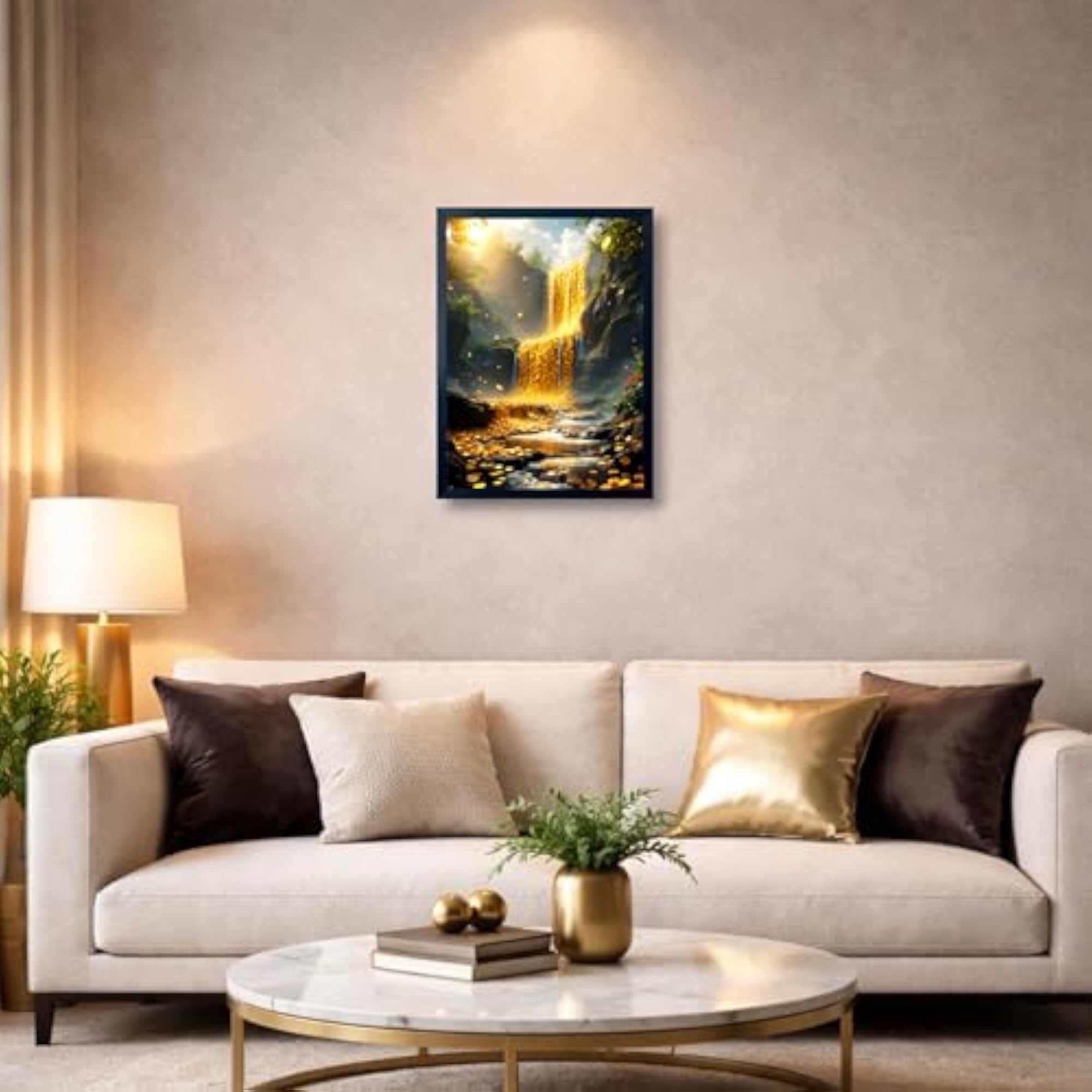Golden Nature Waterfall Photo Frame, Wealth Flow Wall Decor