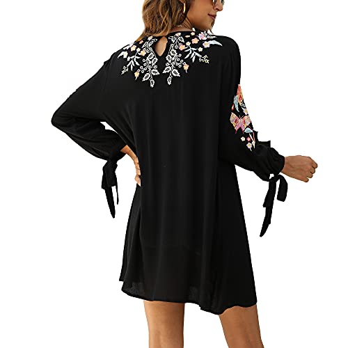 Grosy Boho Swing Shift Dress For Women, Flowy Long Sleeve Mexican Embroidered Floral Mini Tunic Short Dresses For Fall, Loose Fit Bohemian Style (Black, Large) #TOP2