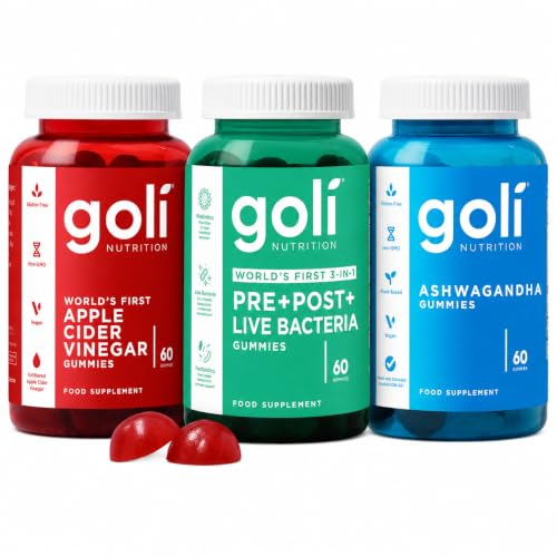 Image of Goli Power Wellness Trio | Apple Cider Vinegar & Vitamin B12, World's First 3-in-1 Pre+Post+Live Bacteria, Ashwagandha & Vitamin D | Gluten-Free, Vegan, Non-GMO | 180 Gummies