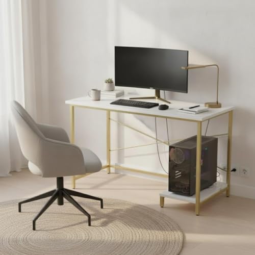 Image of RIZIK Store Folding Study Table | 36 inchx24 inch Computer Desk with Laminated Top & Metal Frame | Home Office, Bedroom, Study & Kids Room Warranty Protected (Plaint White & Gold)