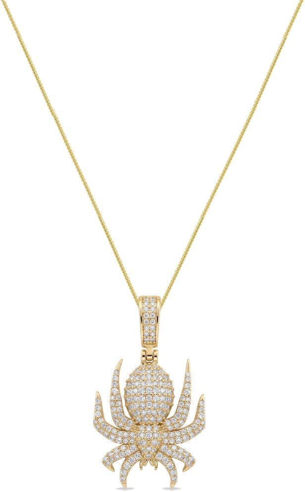 Real Genuine .925 Italian Sterling Silver VVS1/D Simulatd Diamonds 14K Gold Bonded Spider Pendant Charm Free Chain Neckless Small 1.50 Inch.