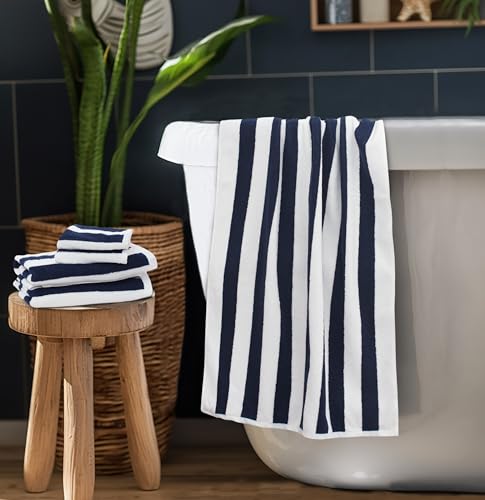 Image of ORIGINAL KIDS 6 Piece Towel Set - Cabana Stripe - Rugby Stripe - 2 Bath Towels, 2 Hand Towels, 2 Washcloths - 100% Cotton - Soft Absorbent Quick Dry Durable Pool Shower Beach - Gift - Navy